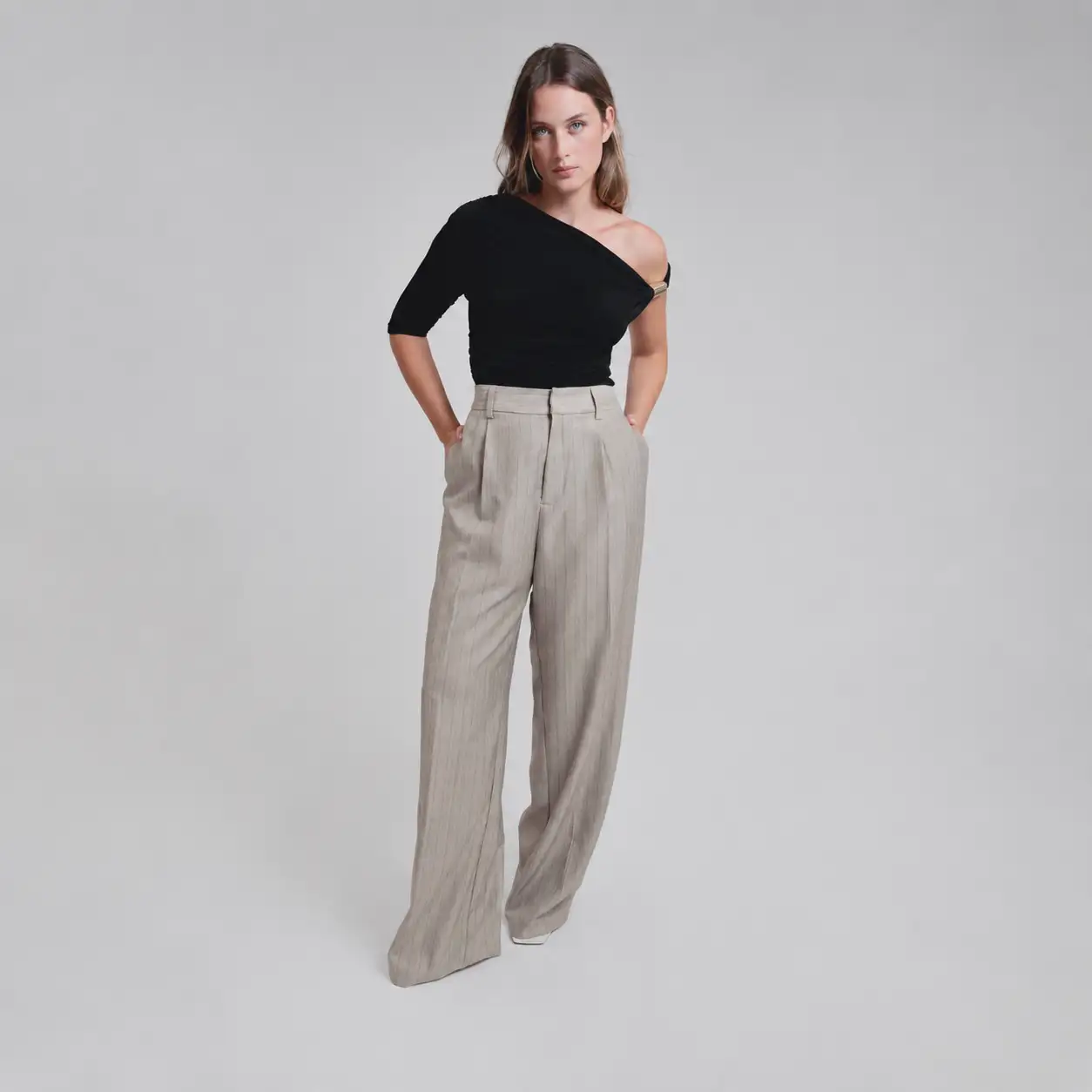 Pantalon Palazzo Rayé Beige A7508