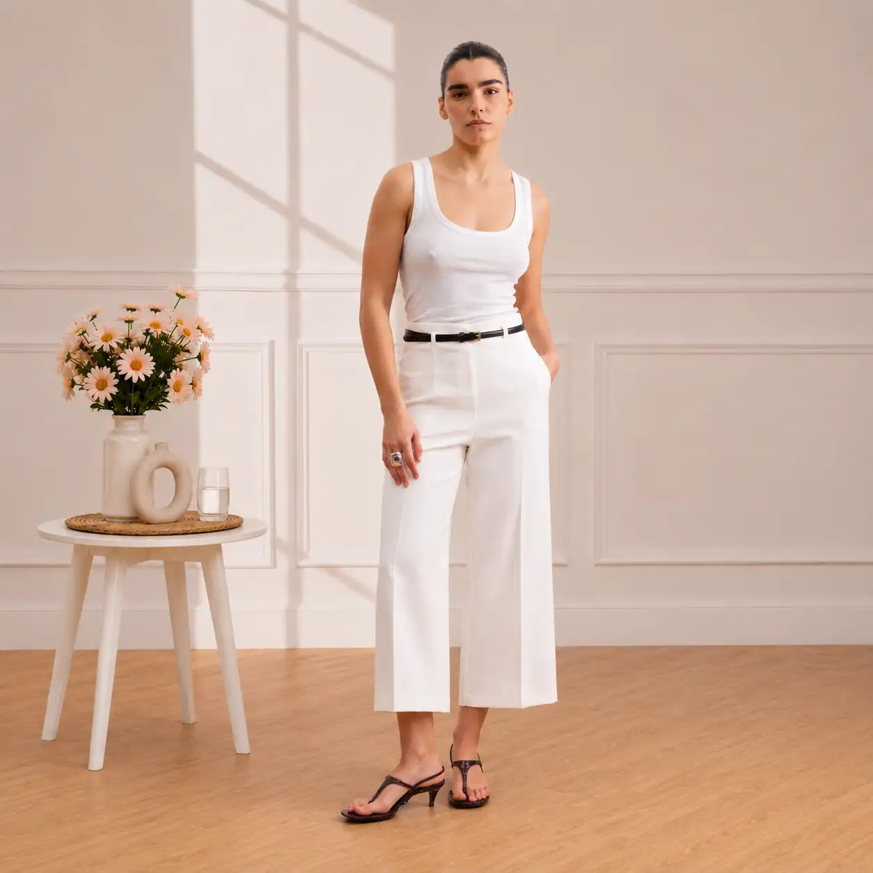 Pantalon Palazzo 7/8 Blanc Taille Haute B7511