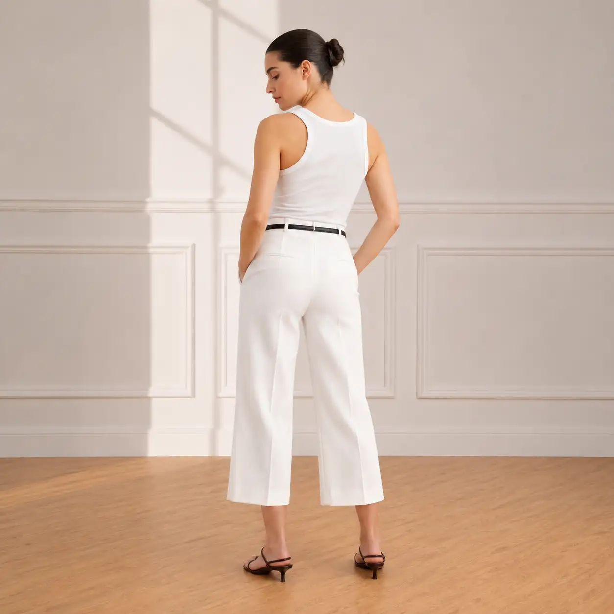 Pantalon Palazzo 7/8 Blanc Taille Haute B7511