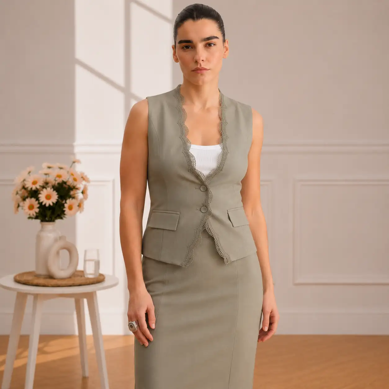 Gilet Sans Manches Dentelle Sauge Élégance GL018