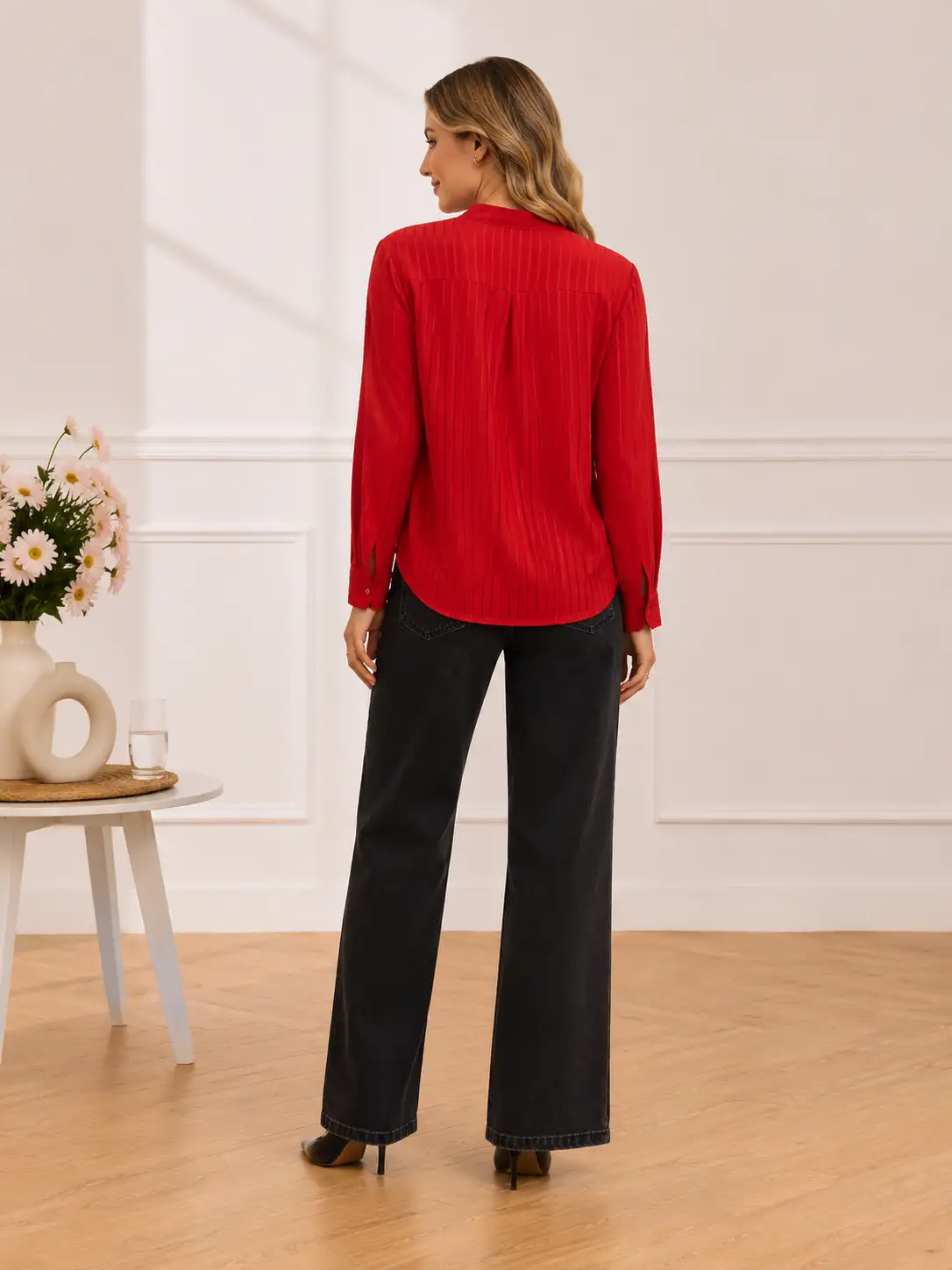 Chemisier Rouge Rayé Transparent à Poches Plaquées H708