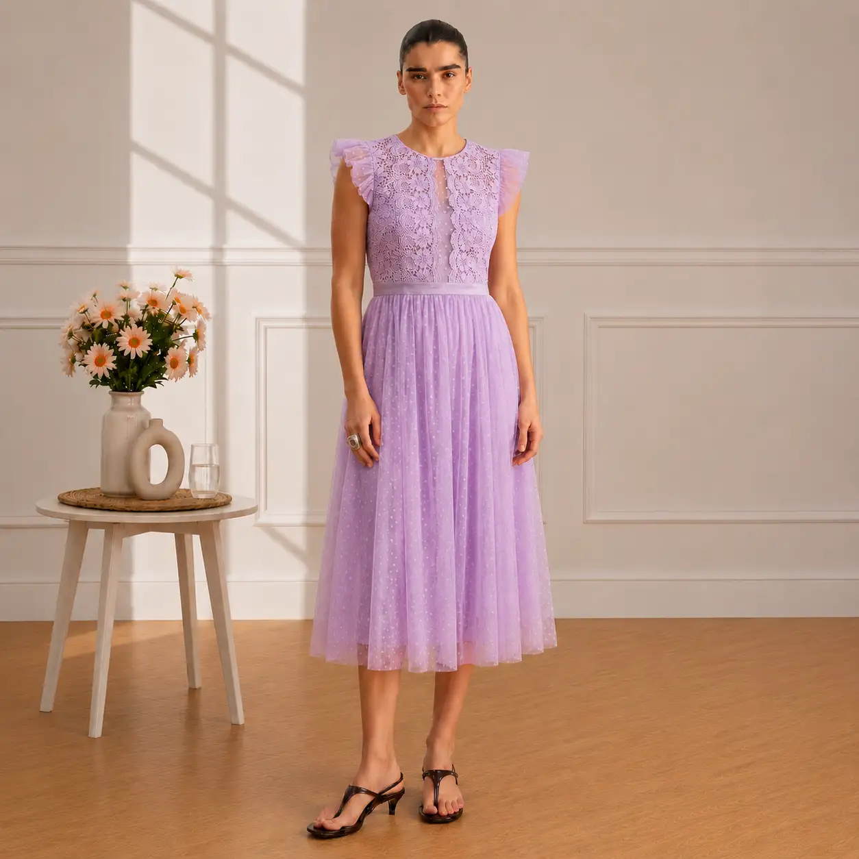 Robe Midi Lilas en Dentelle et Tulle Plissé 20320