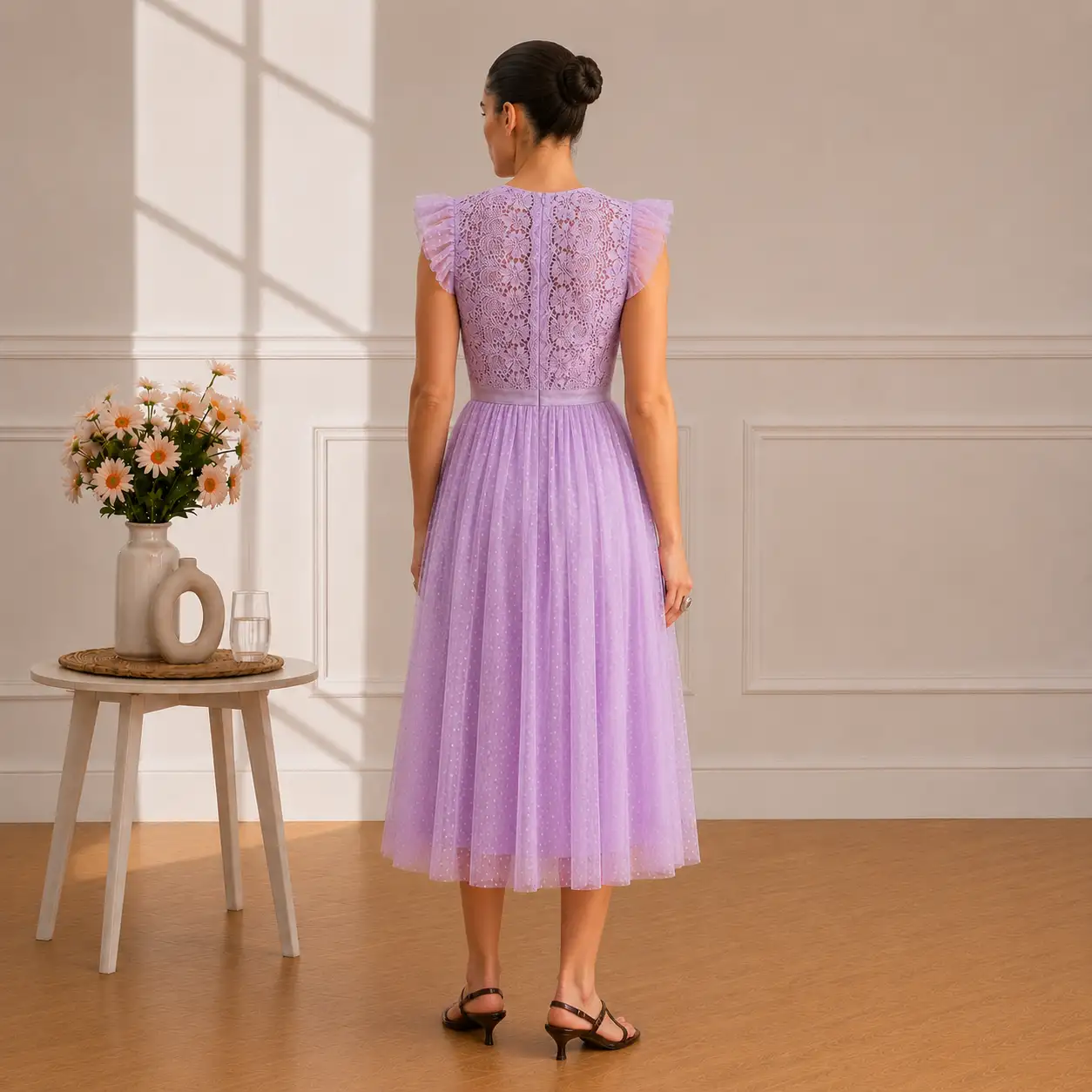 Robe Midi Lilas en Dentelle et Tulle Plissé 20320