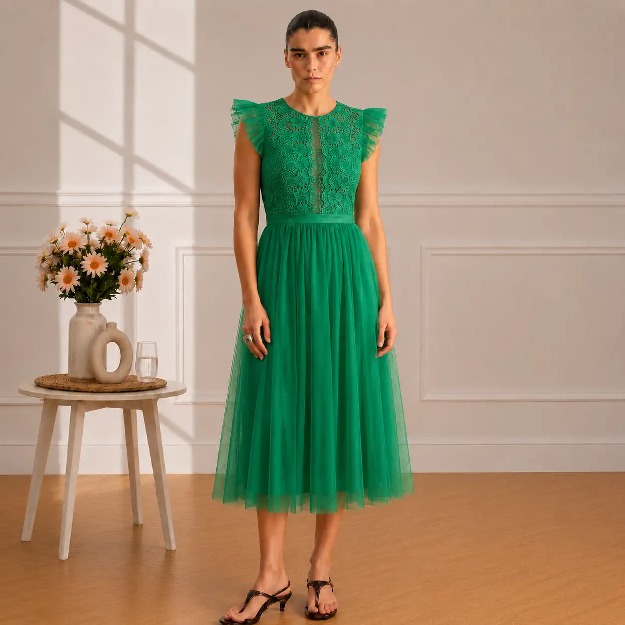 Robe Midi Verte en Dentelle et Tulle 18333