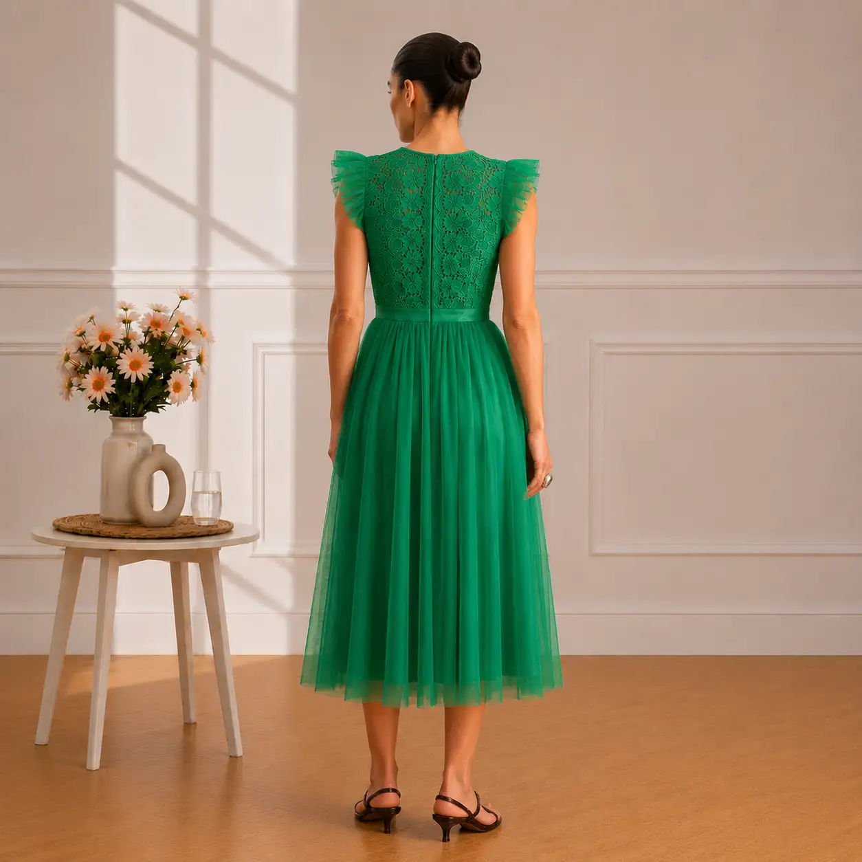 Robe Midi Verte en Dentelle et Tulle 18333