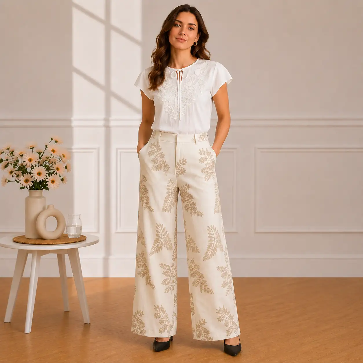 Pantalon Large Écru à Motifs Floraux  7025-25