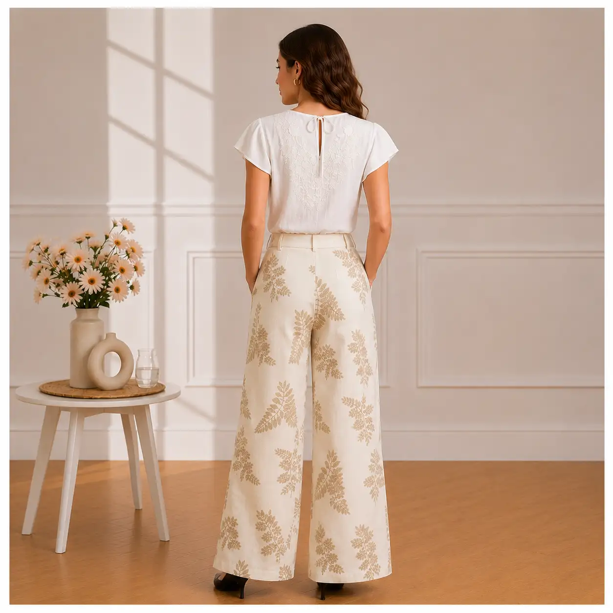 Pantalon Large Écru à Motifs Floraux  7025-25
