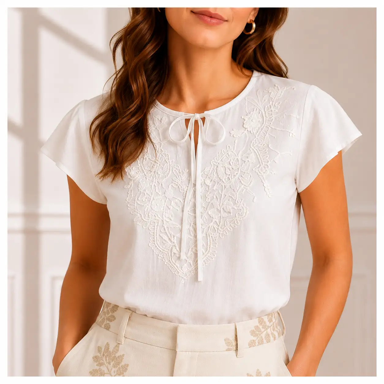 Top Blanc Brodé à Nœud XF1171
