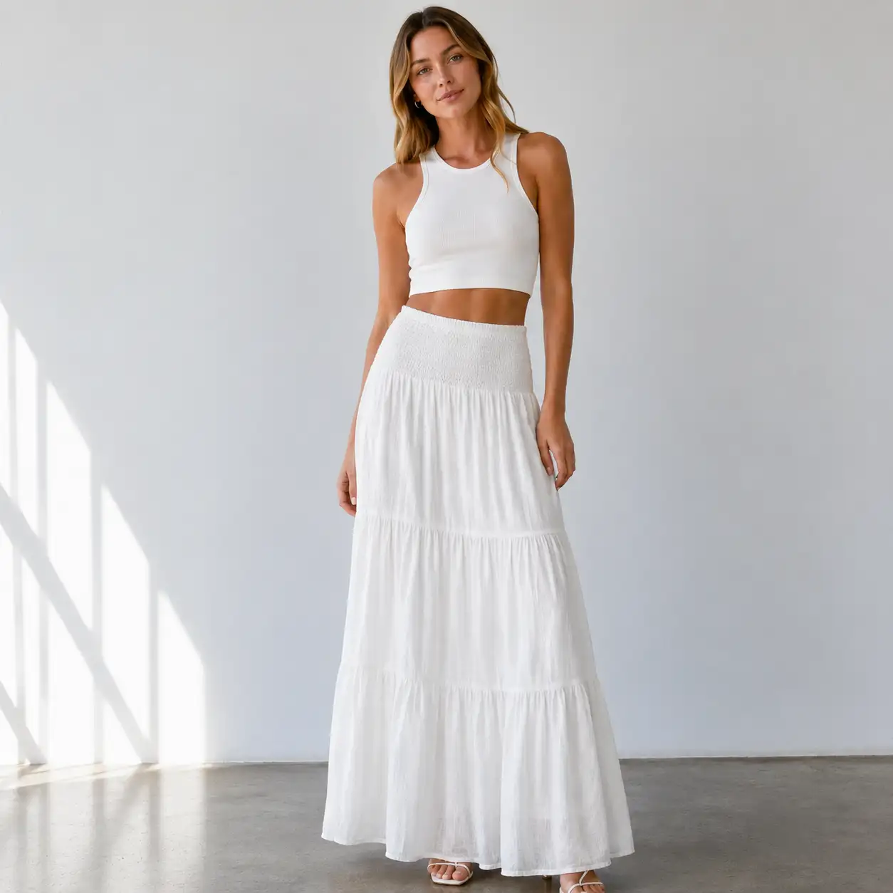 Jupe Longue Bohème Blanche Taille Smockée 7055