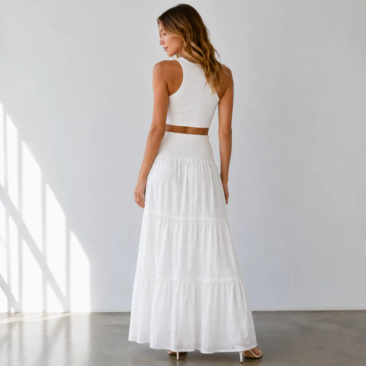 Jupe Longue Bohème Blanche Taille Smockée 7055