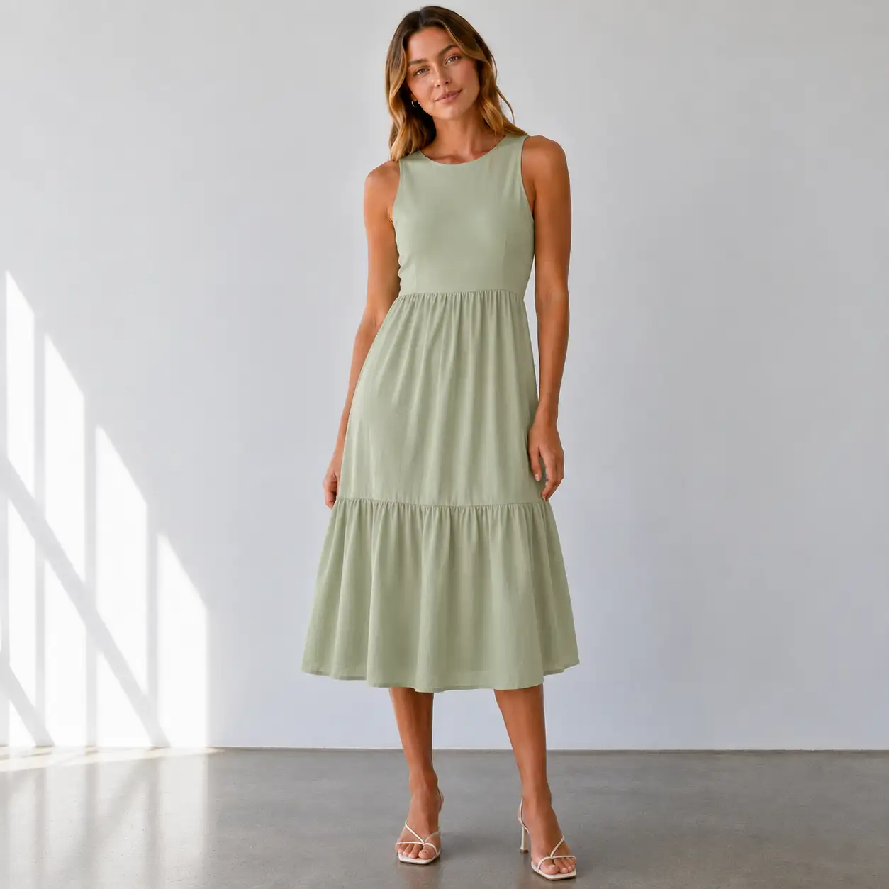 Robe midi vert sauge à dos noué R130