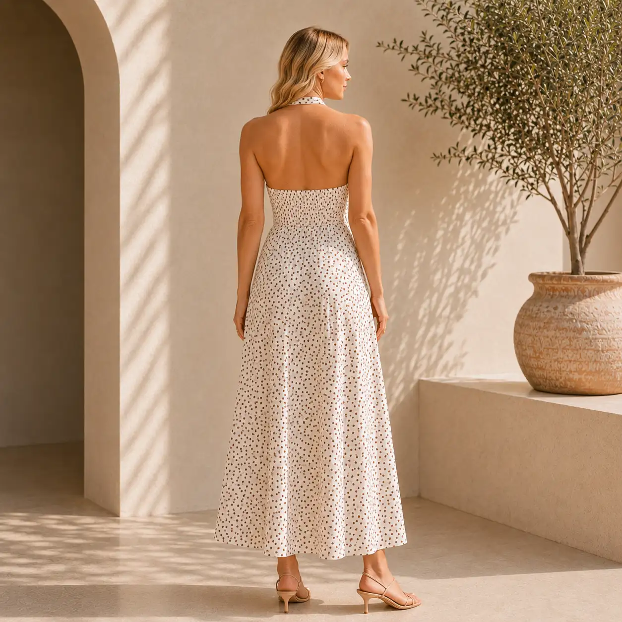 Robe longue dos nu à pois – Écru & chocolat B7306
