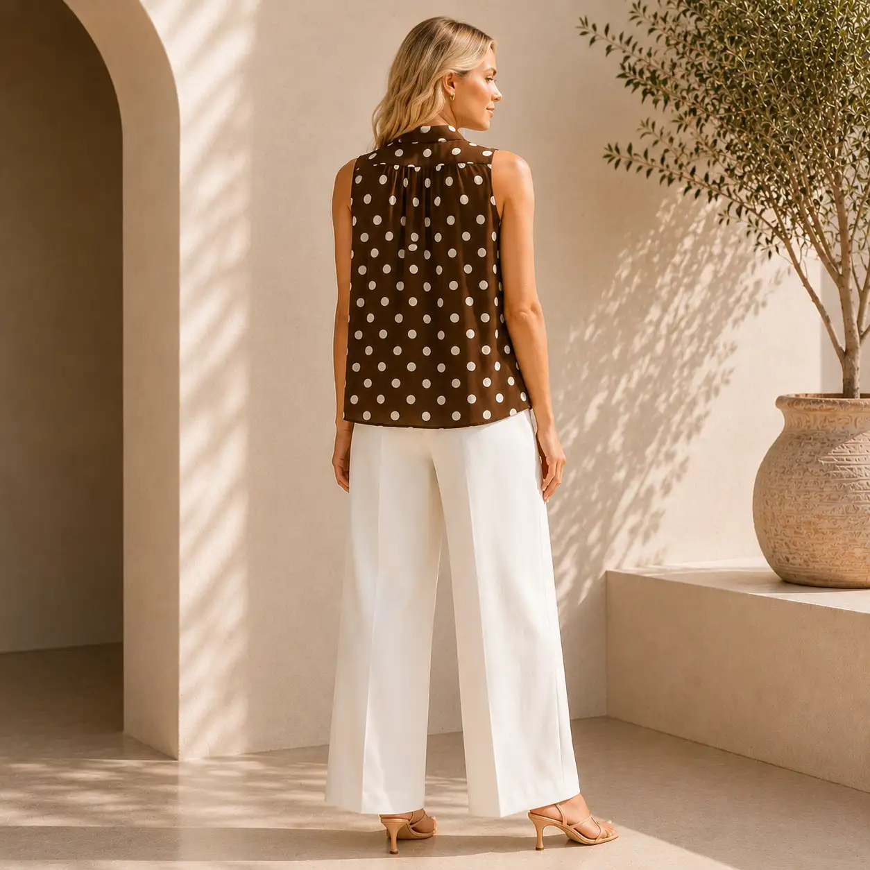 Top fluide à pois chocolat & écru H758